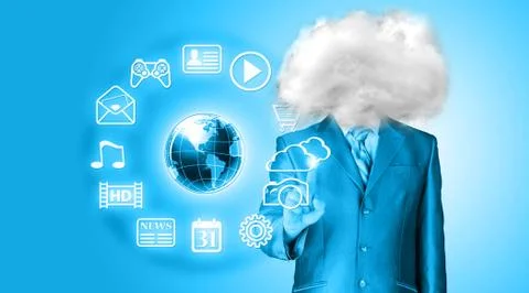 Young businessman with head in the clouds Illustrazione stock