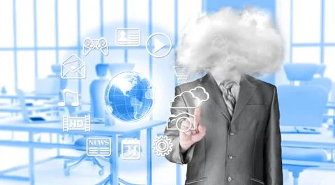 Young businessman with head in the clouds Illustrazione stock