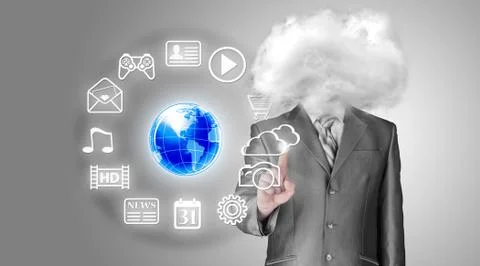Young businessman with head in the clouds Illustrazione stock
