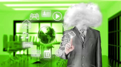 Young businessman with head in the clouds Illustrazione stock