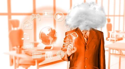 Young businessman with head in the clouds Illustrazione stock