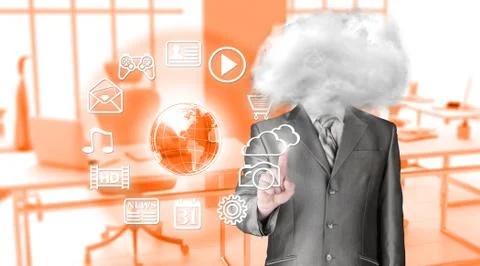 Young businessman with head in the clouds Illustrazione stock