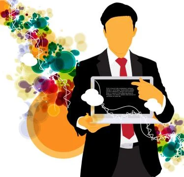 Young businessman with laptop computer. Vector Stock Illustration