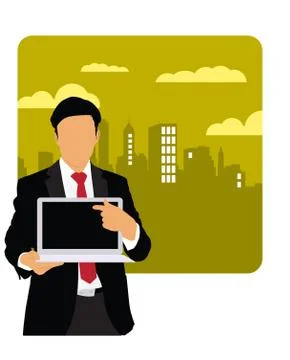 Young businessman with laptop computer. Vector Stock Illustration