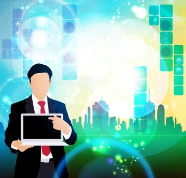 Young businessman with laptop computer. Vector Stock Illustration
