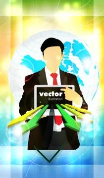 Young businessman with laptop computer. Vector Stock Illustration