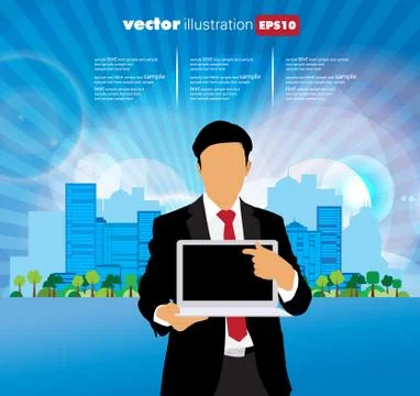 Young businessman with laptop computer. Vector Stock Illustration