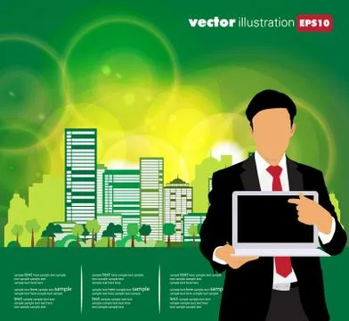 Young businessman with laptop computer. Vector Stock Illustration
