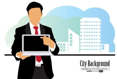 Young businessman with laptop computer. Vector Stock Illustration