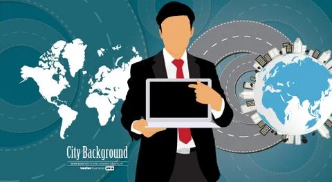 Young businessman with laptop computer. Vector Stock Illustration