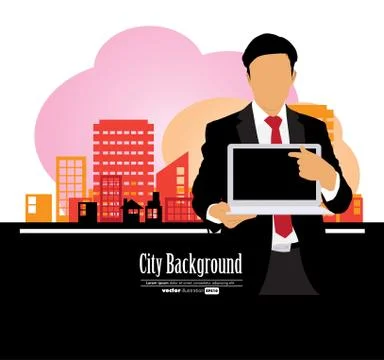 Young businessman with laptop computer. Vector Stock Illustration