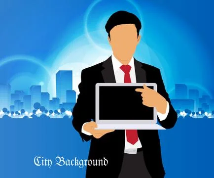 Young businessman with laptop computer. Vector Stock Illustration