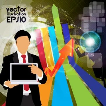 Young businessman with laptop computer. Vector Stock Illustration