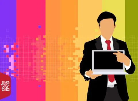 Young businessman with laptop computer. Vector Stock Illustration