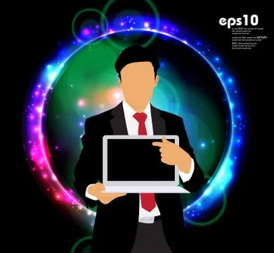 Young businessman with laptop computer. Vector Illustration