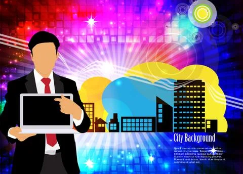 Young businessman with laptop computer. Vector Stock Illustration