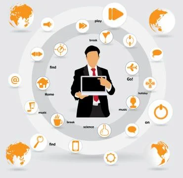 Young businessman with laptop computer. Vector Stock Illustration