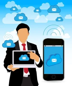 Young businessman with laptop computer. Vector Stock Illustration