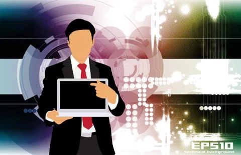 Young businessman with laptop computer. Vector Stock Illustration