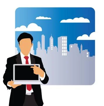 Young businessman with laptop computer. Vector Stock Illustration