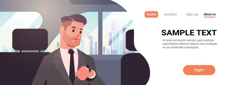 Young businessman looking at clock checking time business man car passenger Stock Illustration