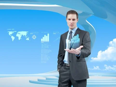 Young businessman navigating in virtual reality interface. Stock Illustration