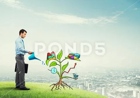 Young businessman outdoors watering drawn growth concept with can Stock Photos