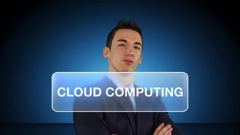 Young Businessman Points To Cloud Solutions Screen Animation Stock Footage 72484449