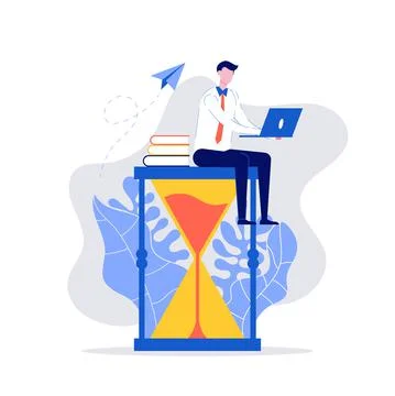 Young businessman sitting on hourglass and working with her laptop. Time mana Stock Illustration