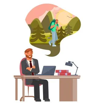 Young businessman sitting at workplace and dreaming about vacation Stock Illustration