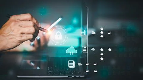 A young businessman is using a laptop to access security systems. Two-Facto.. 스톡 사진