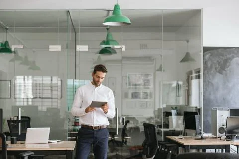 Young businessman using a tablet while standing in an office Stock Photos