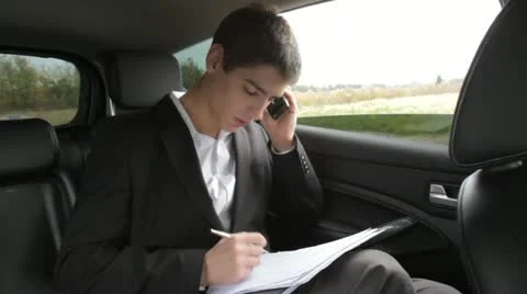 Young businessman viewing documents on the back seat of car Video stock 12355703