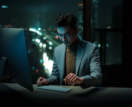 Young Businessman Write Emails on Computer Stock-Fotos