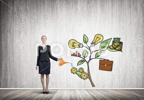 Young businesswoman in empty room watering drawn growth concept with can Stock Photos