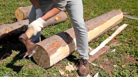Young carpenter shells a log of pine with axe Stock Footage 51933062