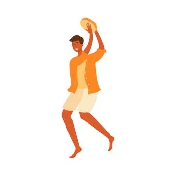 Young cartoon man dancing while holding tambourine, happy smiling male character 스톡 일러스트