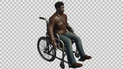 Young Casual Afro Man Using Wheel Chair- Front Right Axo View- Embedded Alpha Vídeos de archivo 61336473
