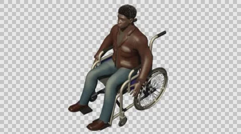 Young Casual Afro Man Using Wheel Chair- Front Left Axo View- Embedded Alpha  Vídeos de archivo 61336809