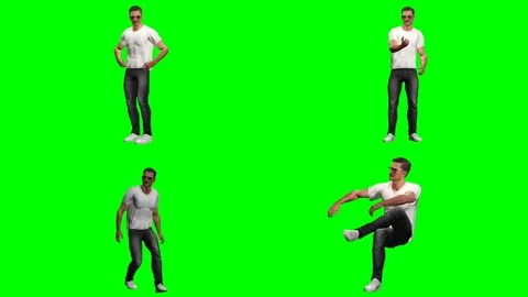 Young casual man guy is running jumping slipping and standing on green screen Stock Footage 328634166