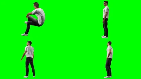 Young casual man guy is running jumping slipping and standing on green screen 動画素材 328634187
