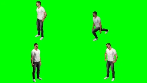 Young casual man guy is running jumping slipping and standing on green screen Stock Footage 328634200