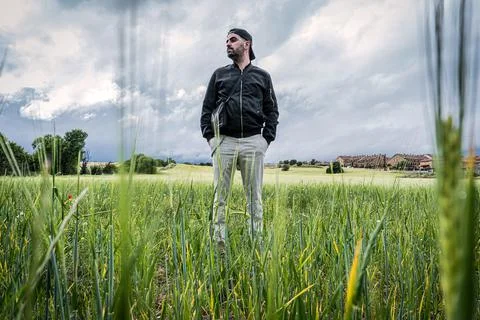 Young casual model, hands in pockets in wheat field Stock Photos