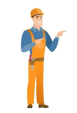 Young caucasian builder pointing to the side 스톡 일러스트