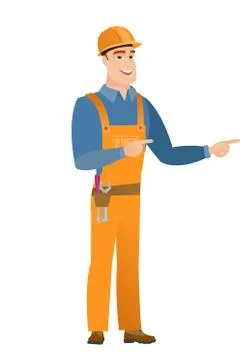 Young caucasian builder pointing to the side 스톡 일러스트