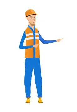 Young caucasian builder pointing to the side. Stock Illustration