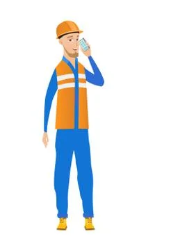 Young caucasian builder talking on a mobile phone. Ilustración de archivo