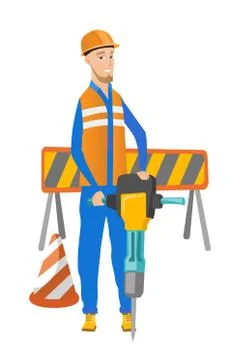 Young caucasian builder using pneumatic hammer. Stock Illustration