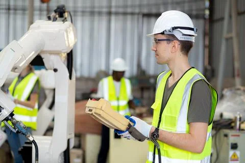 Young caucasian engineer man using remote control with ai robot machine arm.. Stock Photos
