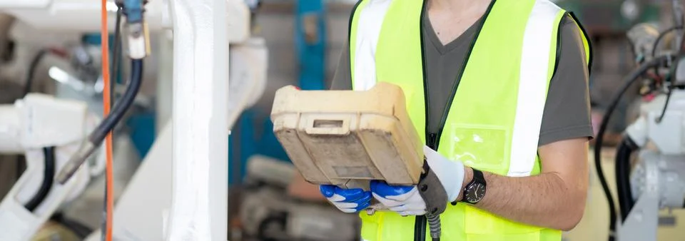 Young caucasian engineer man using remote control with ai robot machine arm.. Stock Photos